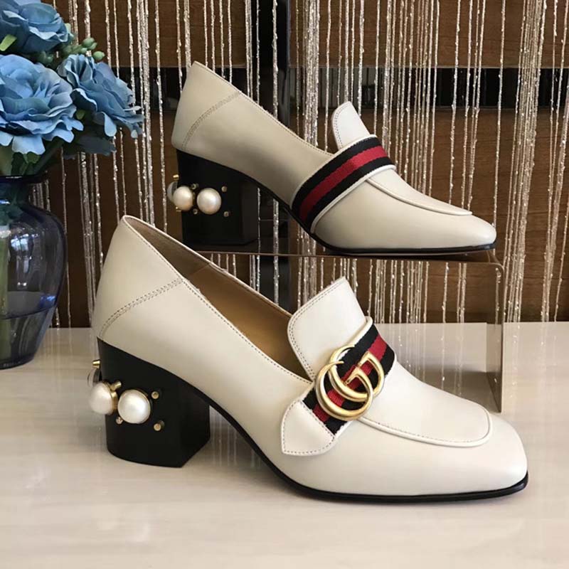 G*u*i women leather mid-heel loafer 3″ heel-white