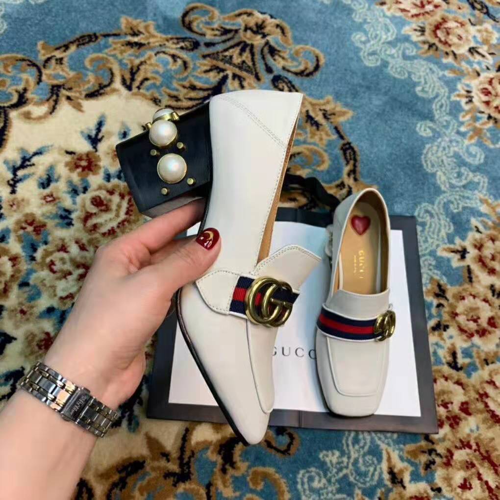 G*u*i women leather mid-heel loafer 3″ heel-white