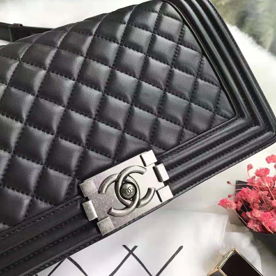 Chanel Boy Chanel Handbag in Calfskin & Ruthenium-Finish Metal-Black