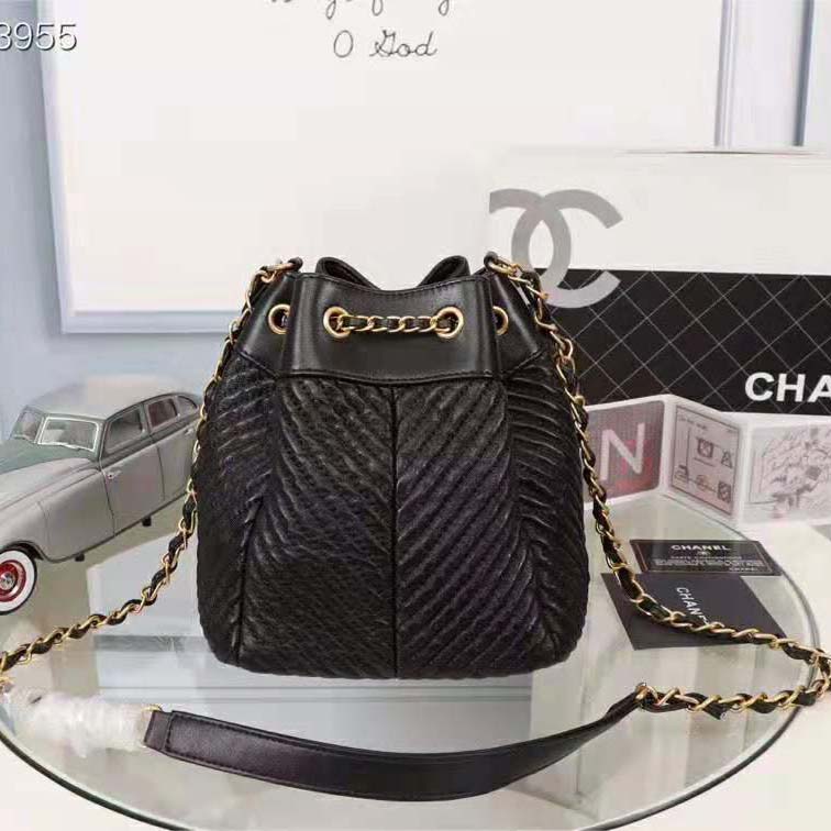 Chanel Women Drawstring Bag in Lambskin Leather-Black