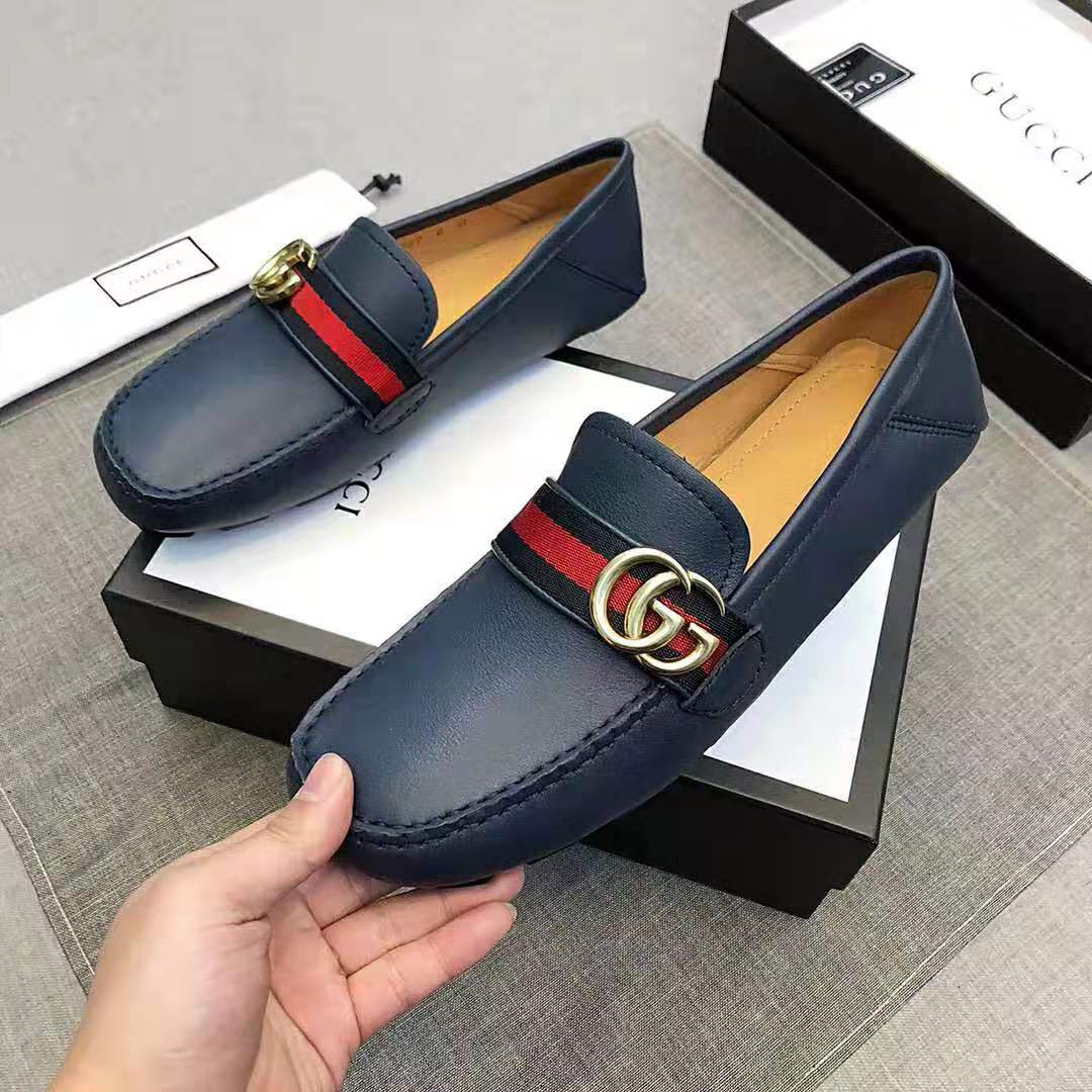 G*u*i men leather driver with web-navy