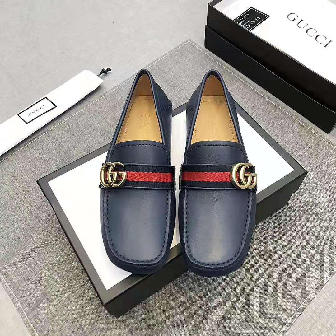 G*u*i men leather driver with web-navy