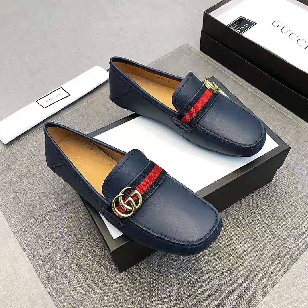 G*u*i men leather driver with web-navy
