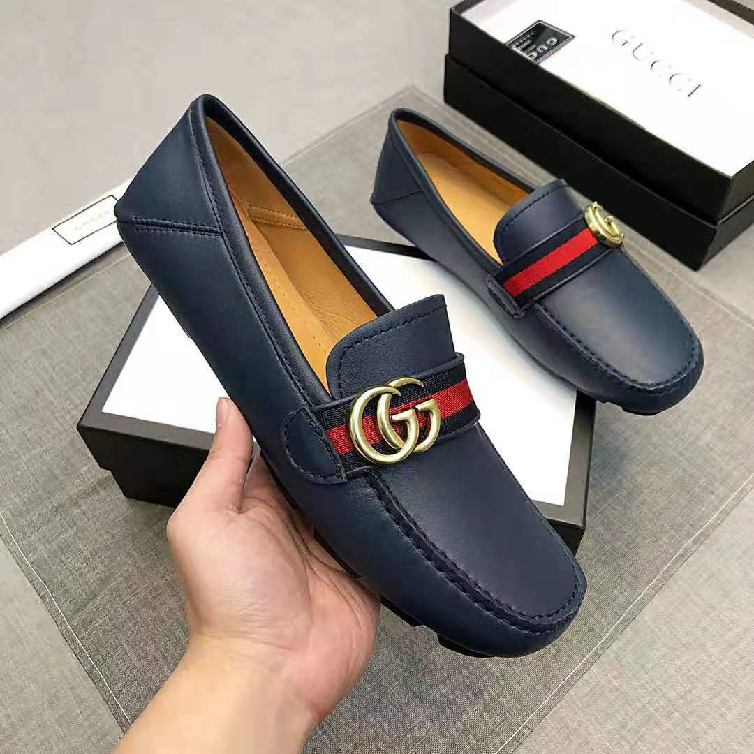 G*u*i men leather driver with web-navy