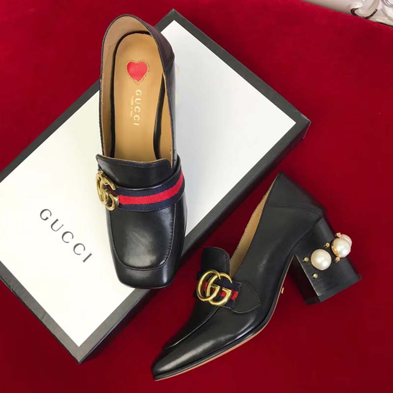 G*u*i women leather mid-heel loafer 3″ heel-black