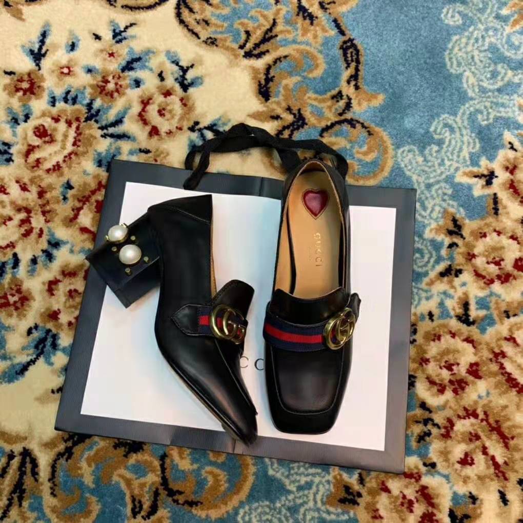 G*u*i women leather mid-heel loafer 3″ heel-black