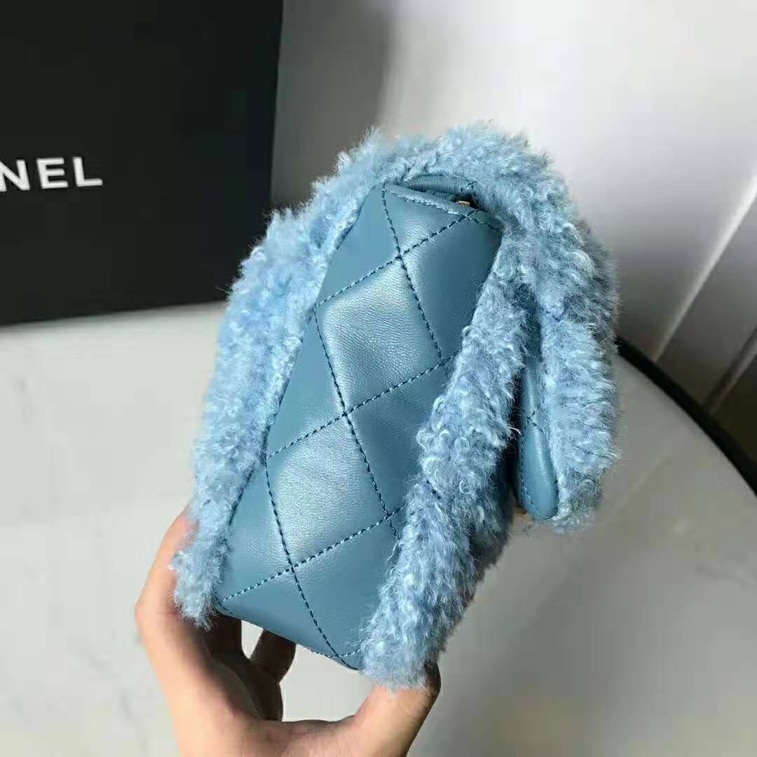 Chanel Women Flap Bag in Shearling Lambskin Leather-Blue