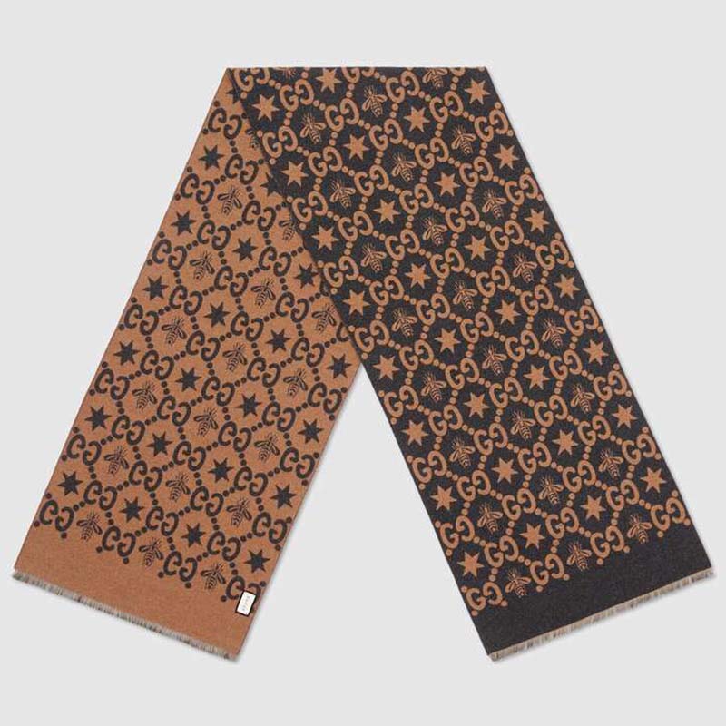 G*u*i unisex bees and stars gg jacquard scarf in wool and silk