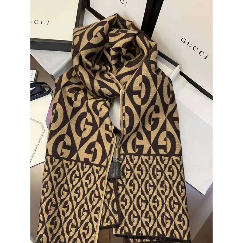 G*u*i unisex g rhombus jacquard scarf in wool and cotton-brown