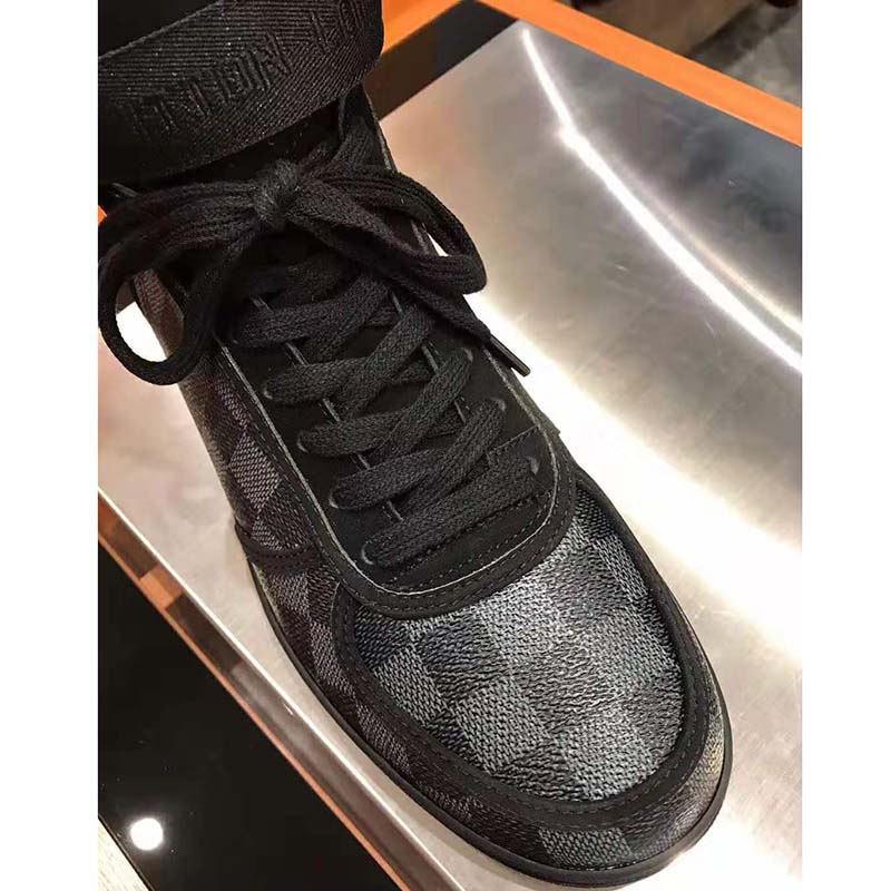 Louis Vuitton LV Men Rivoli Sneaker Boot Shoes in Iconic Damier Graphite Canvas-Grey