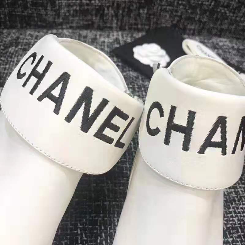 Chanel Women Loge Short Boots in Goat Leather & Faille-White