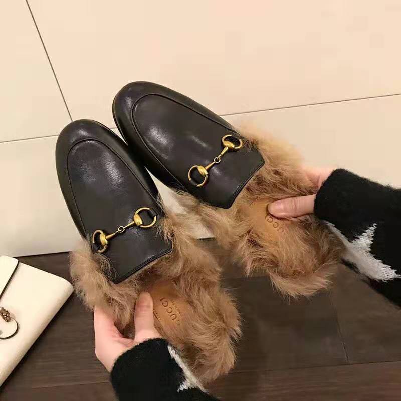 G*u*i men princetown leather slipper with lamb wool-black
