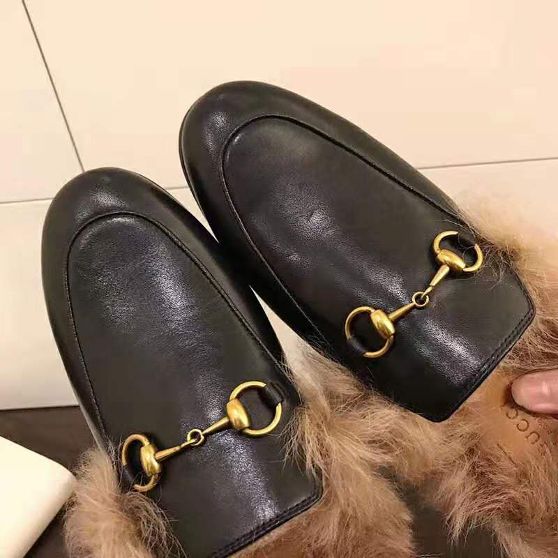 G*u*i men princetown leather slipper with lamb wool-black
