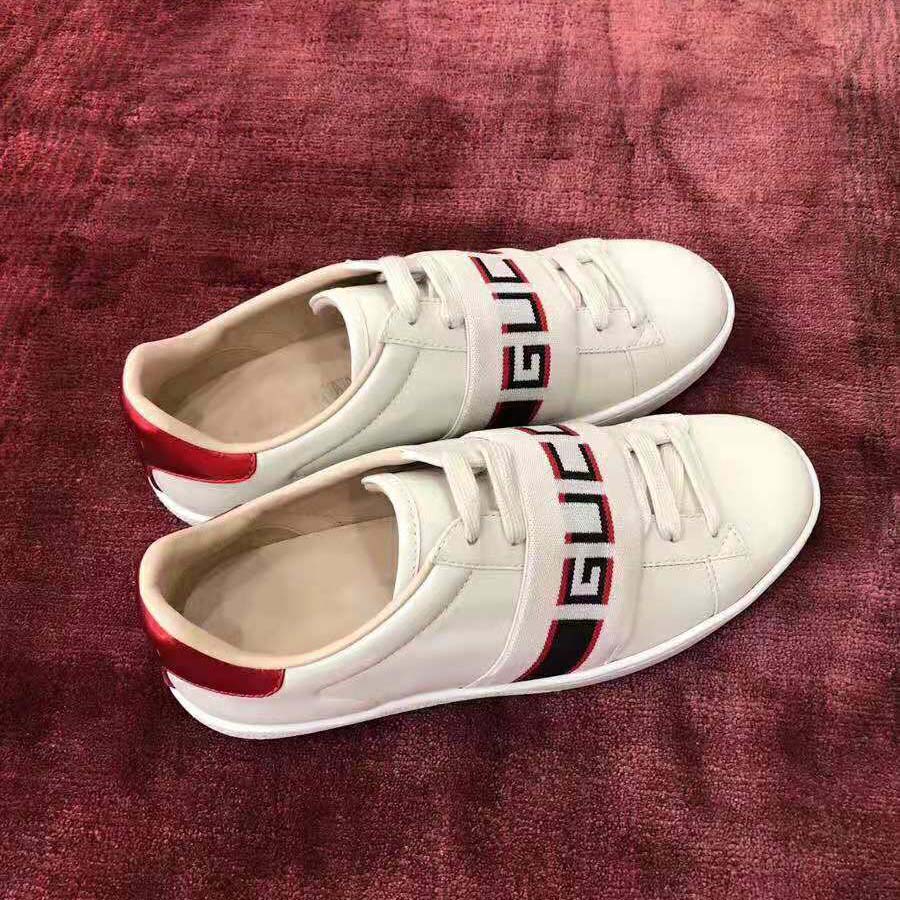 G*u*i unisex ace sneaker with G*u*i stripe in white leather rubber sole