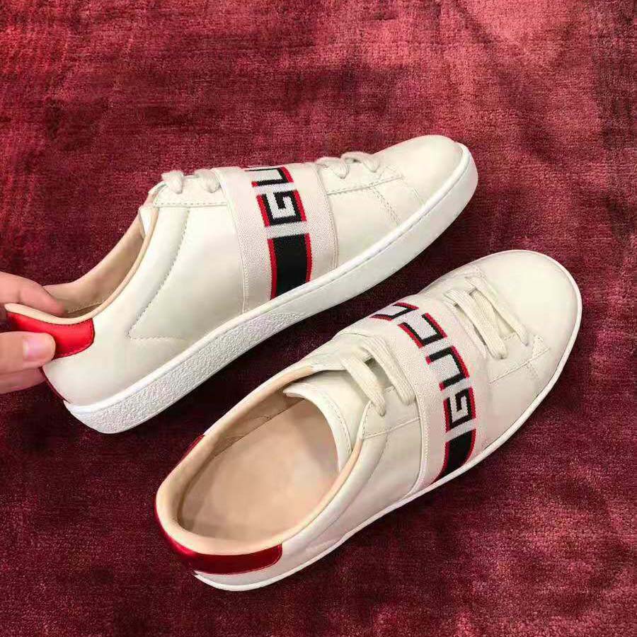 G*u*i unisex ace sneaker with G*u*i stripe in white leather rubber sole