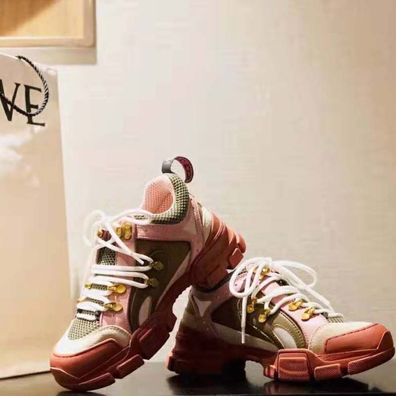 G*u*i unisex flashtrek sneaker in brown and pink leather 5.6 cm heel