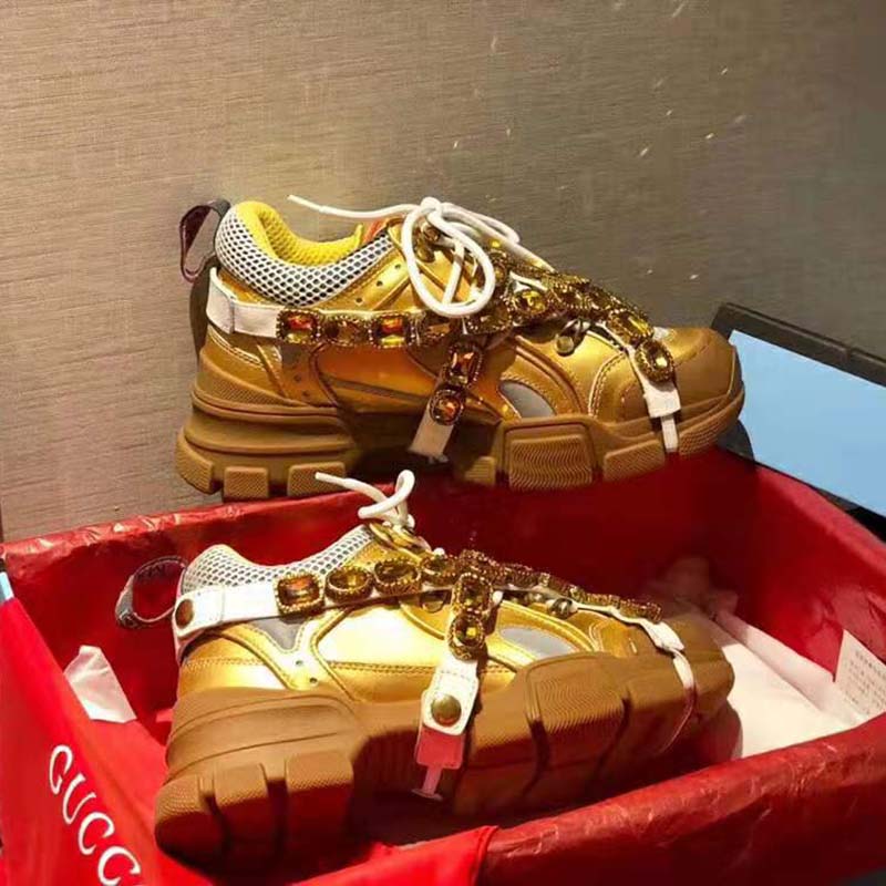 G*u*i unisex flashtrek sneaker in gold metallic leather 5.6 cm heel