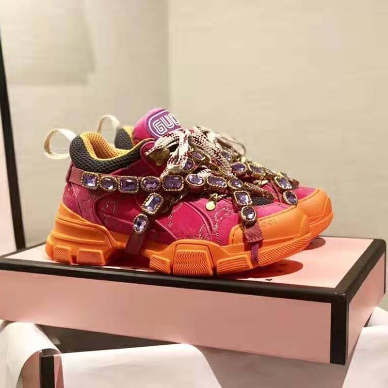 G*u*i unisex flashtrek sneaker with crystals in gg velvet with leather 5.6 cm heel-pink