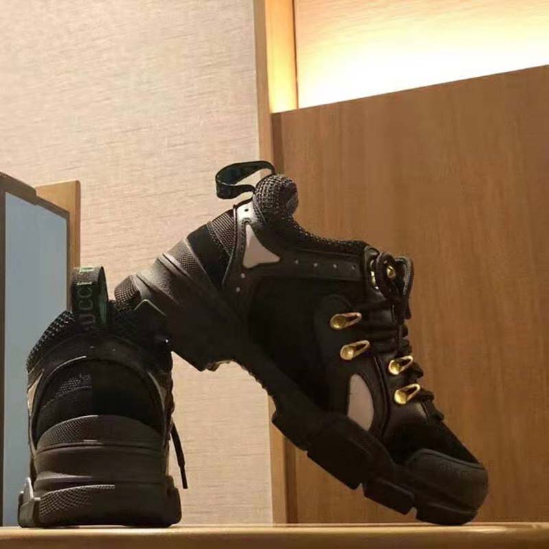 G*u*i unisex flashtrek sneaker with removable crystals in black leather 5.6 cm heel