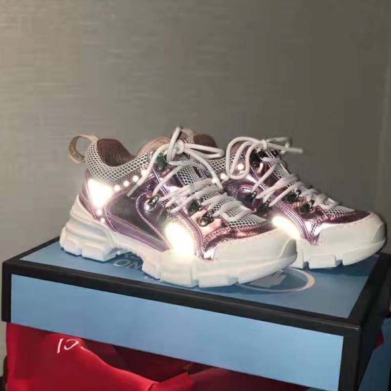 G*u*i unisex flashtrek sneaker with removable crystals in pink metallic leather 5.6 cm heel