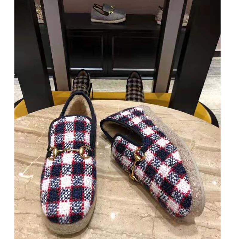 G*u*i unisex gg check tweed loafer in blue white and red check tweed