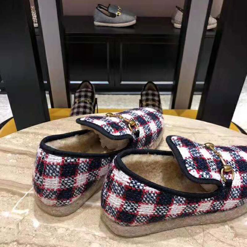 G*u*i unisex gg check tweed loafer in blue white and red check tweed
