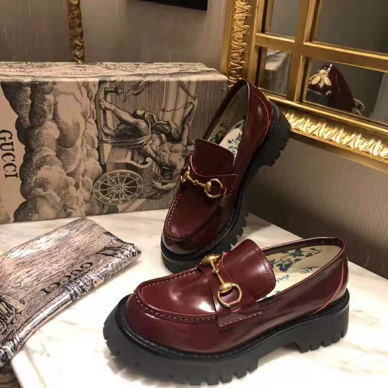 G*u*i unisex leather lug sole horsebit loafer in bordeaux leather 4.6 cm heel