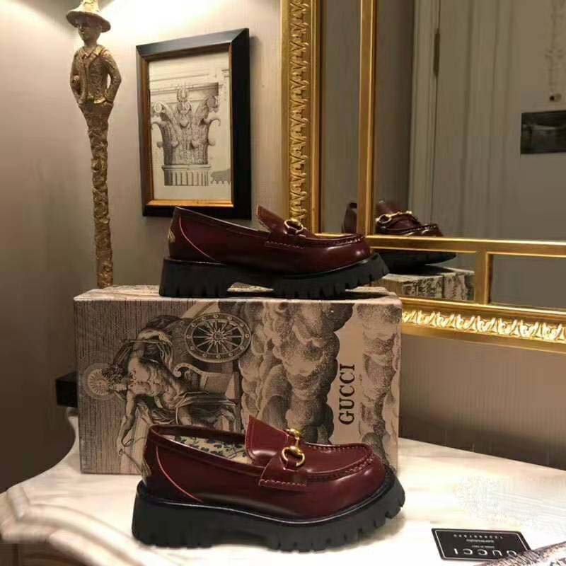 G*u*i unisex leather lug sole horsebit loafer in bordeaux leather 4.6 cm heel
