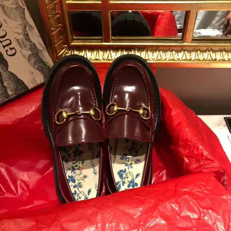 G*u*i unisex leather lug sole horsebit loafer in bordeaux leather 4.6 cm heel