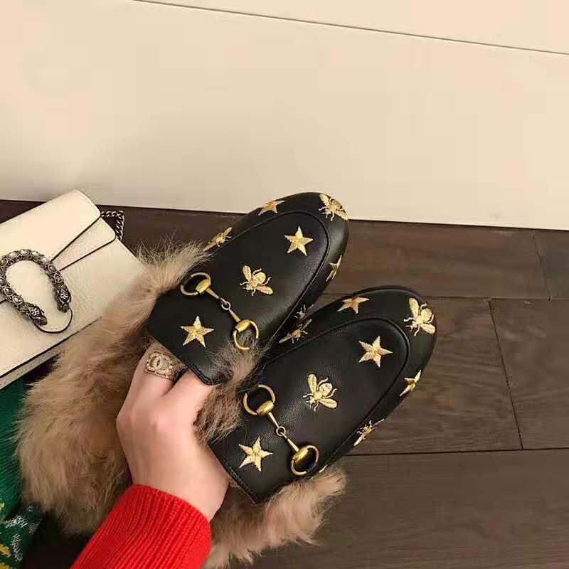 G*u*i unisex princetown embroidered leather slipper with bees and stars in lamb wool-black