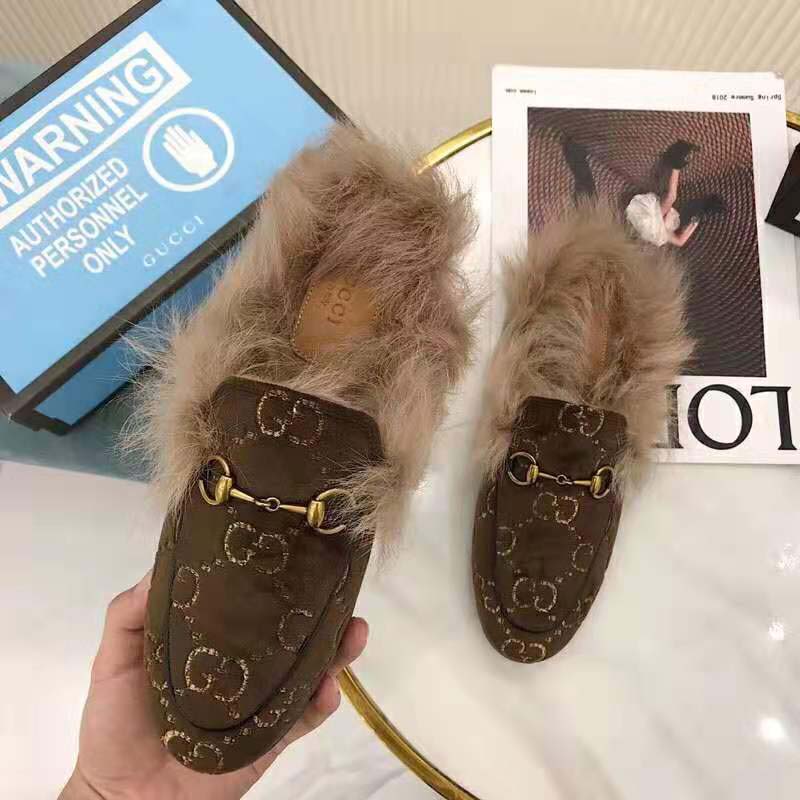 G*u*i unisex princetown gg velvet slipper in lamb wool-brown