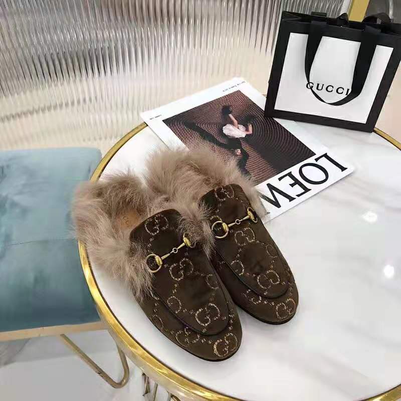 G*u*i unisex princetown gg velvet slipper in lamb wool-brown