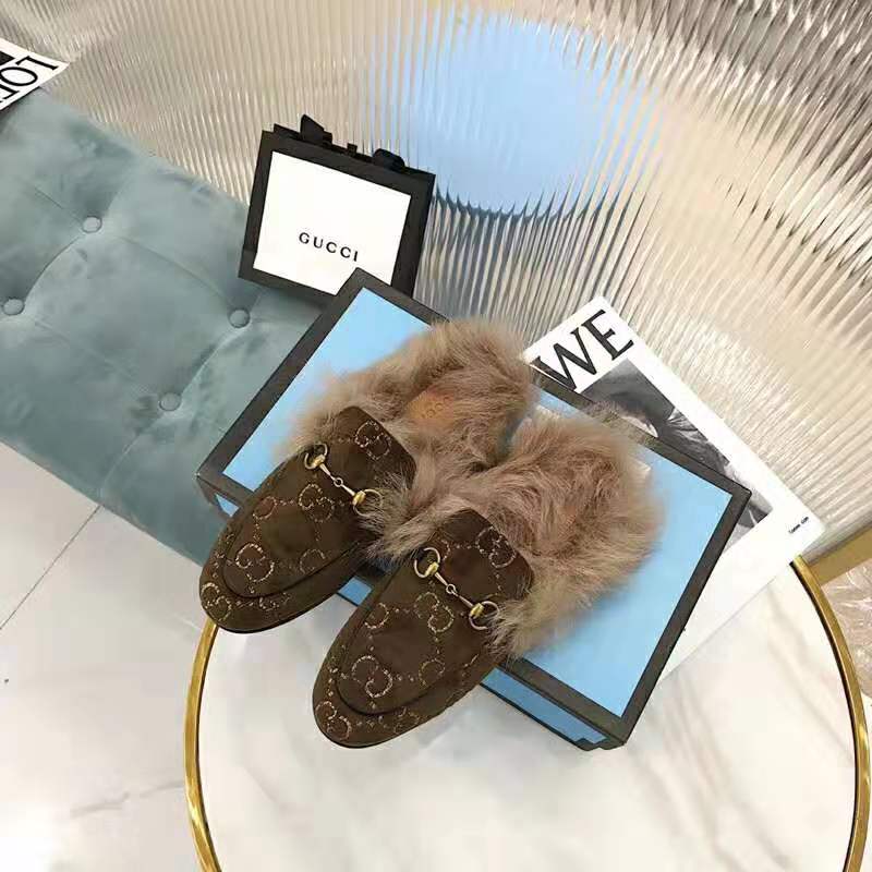 G*u*i unisex princetown gg velvet slipper in lamb wool-brown