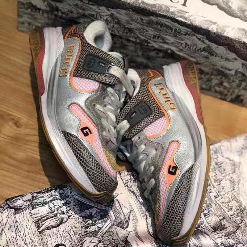 G*u*i unisex ultrapace sneaker with embroidered G*u*i and interlocking g in metallic leather-grey