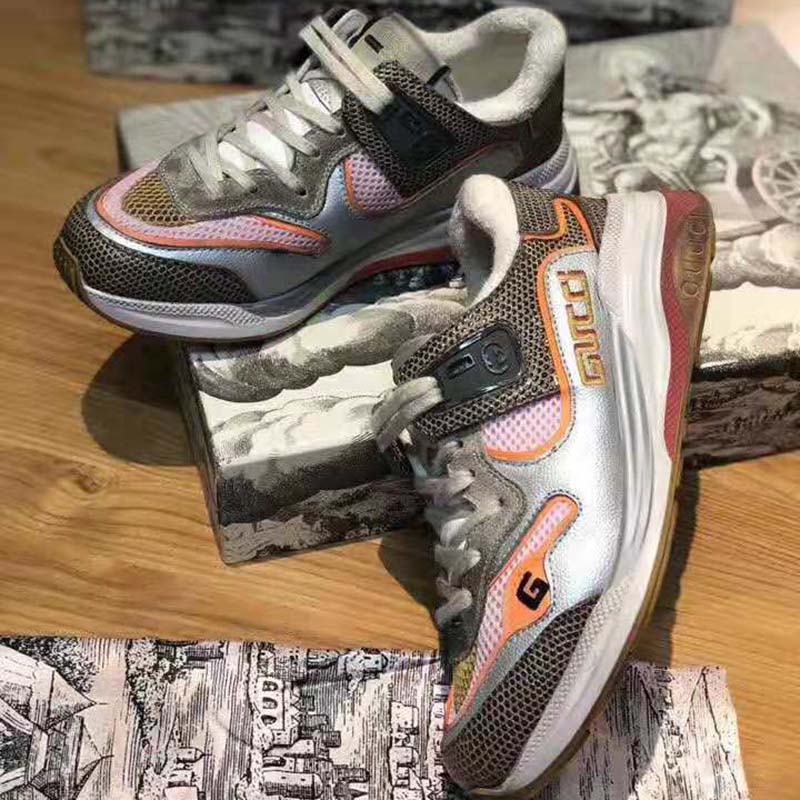 G*u*i unisex ultrapace sneaker with embroidered G*u*i and interlocking g in metallic leather-grey