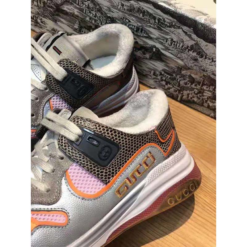 G*u*i unisex ultrapace sneaker with embroidered G*u*i and interlocking g in metallic leather-grey