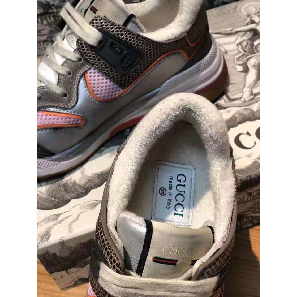 G*u*i unisex ultrapace sneaker with embroidered G*u*i and interlocking g in metallic leather-grey