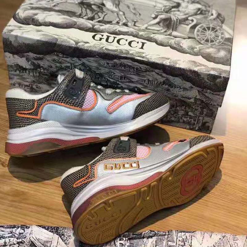 G*u*i unisex ultrapace sneaker with embroidered G*u*i and interlocking g in metallic leather-grey