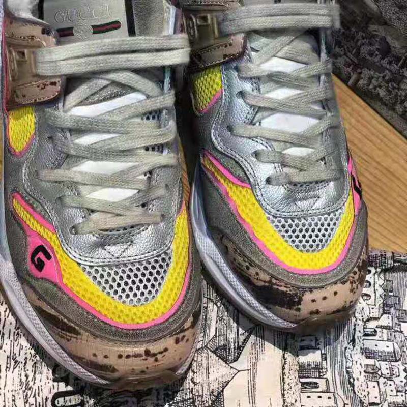 G*u*i unisex ultrapace sneaker with embroidered G*u*i and interlocking g in metallic leather-pink