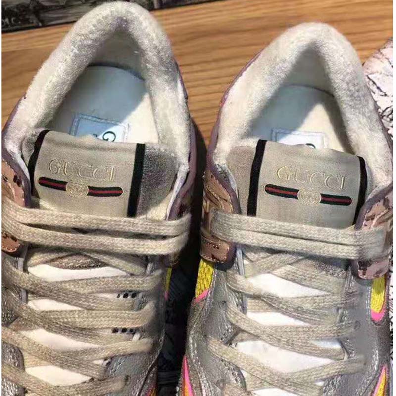 G*u*i unisex ultrapace sneaker with embroidered G*u*i and interlocking g in metallic leather-pink