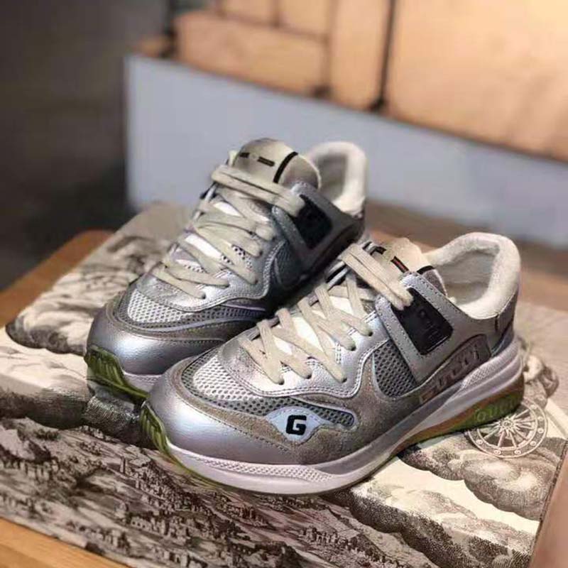G*u*i unisex ultrapace sneaker with embroidered G*u*i and interlocking g in metallic leather-silver