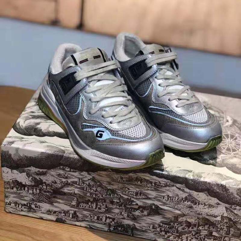 G*u*i unisex ultrapace sneaker with embroidered G*u*i and interlocking g in metallic leather-silver