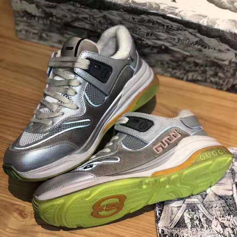G*u*i unisex ultrapace sneaker with embroidered G*u*i and interlocking g in metallic leather-silver