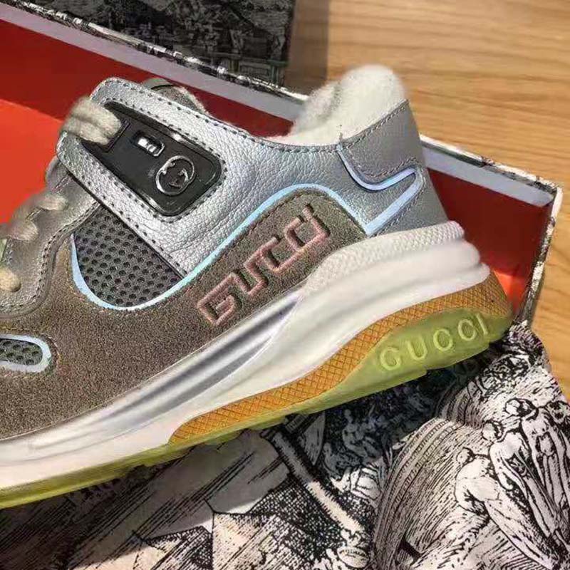 G*u*i unisex ultrapace sneaker with embroidered G*u*i and interlocking g in metallic leather-silver