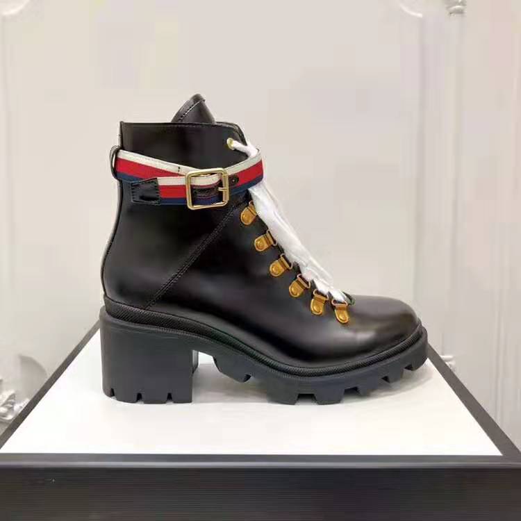G*u*i women G*u*i leather ankle boot with sylvie web in black leather 2.5 cm heel