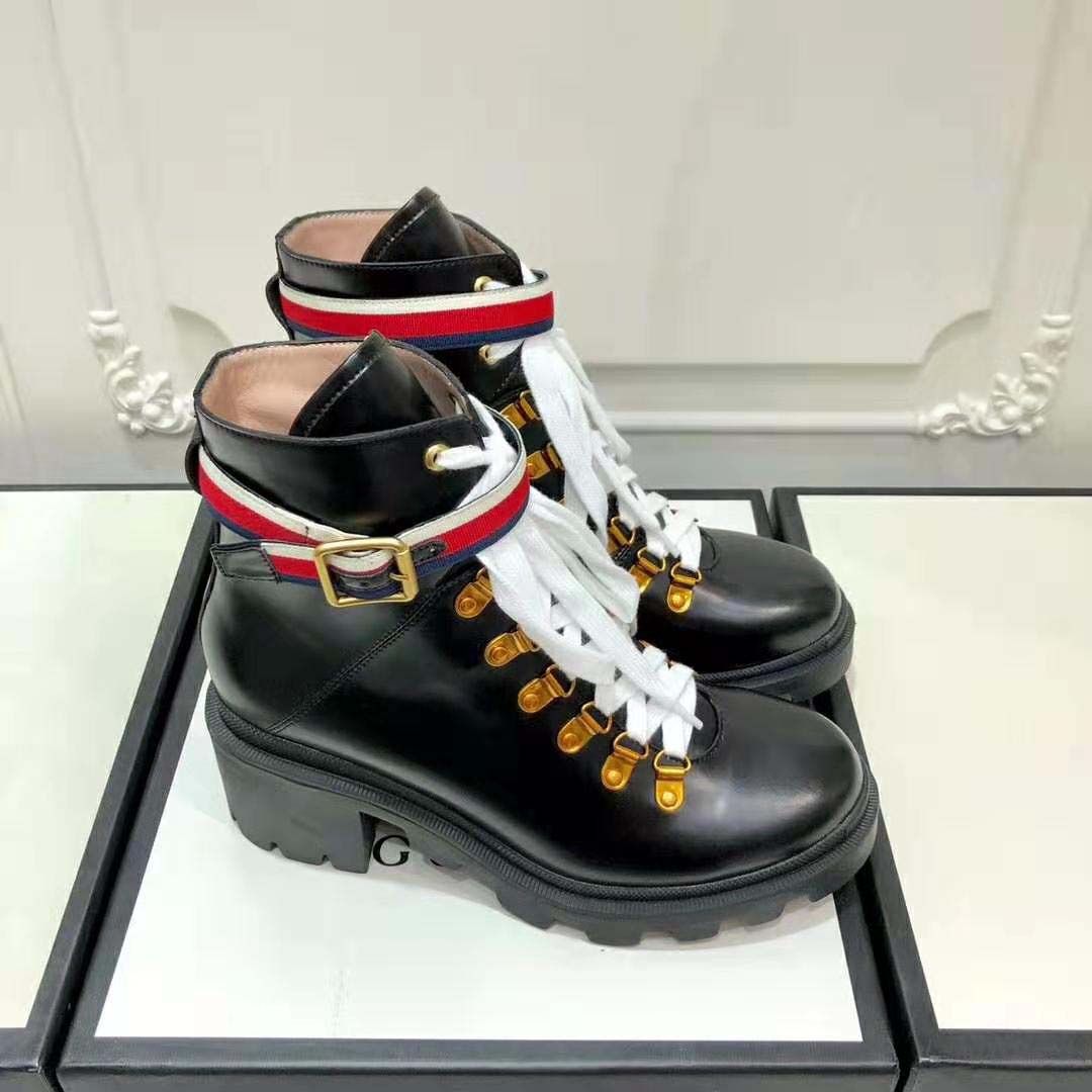 G*u*i women G*u*i leather ankle boot with sylvie web in black leather 2.5 cm heel