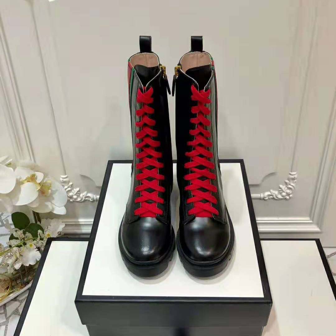 G*u*i women G*u*i leather ankle boot with web in black shiny leather 4.8 cm heel