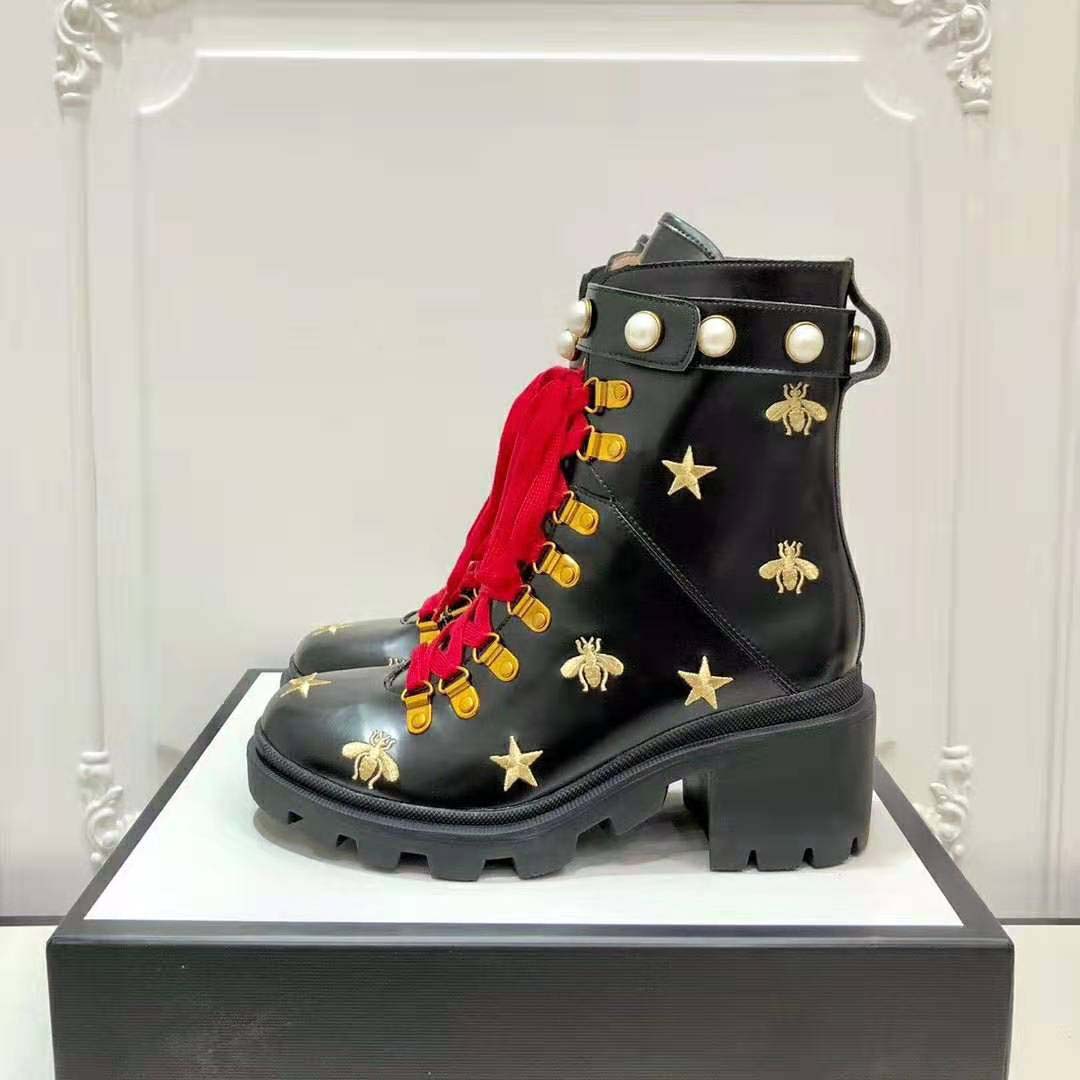 G*u*i women G*u*i leather embroidered ankle boot in black leather 8.9 cm-red