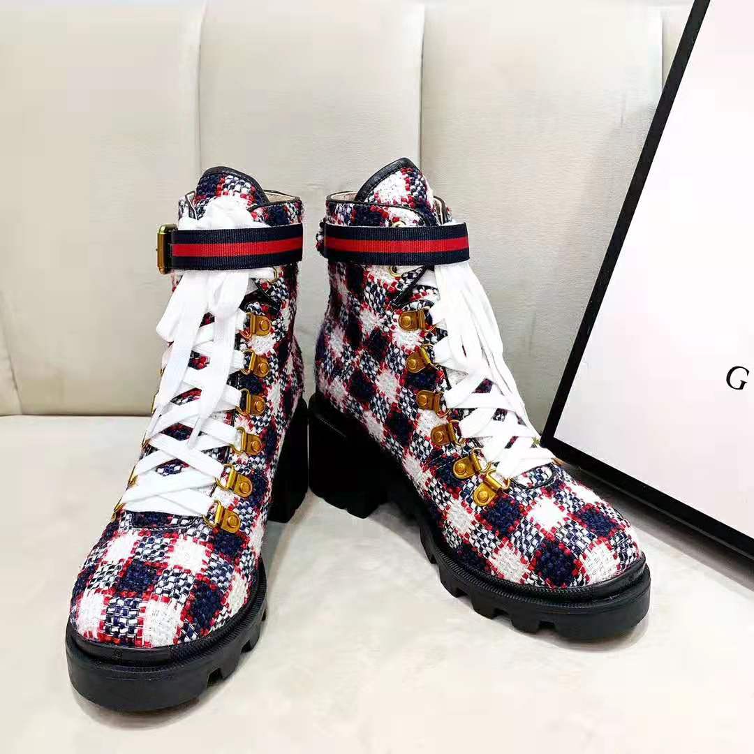 G*u*i women G*u*i zumi gg check tweed ankle boot in blue white and red