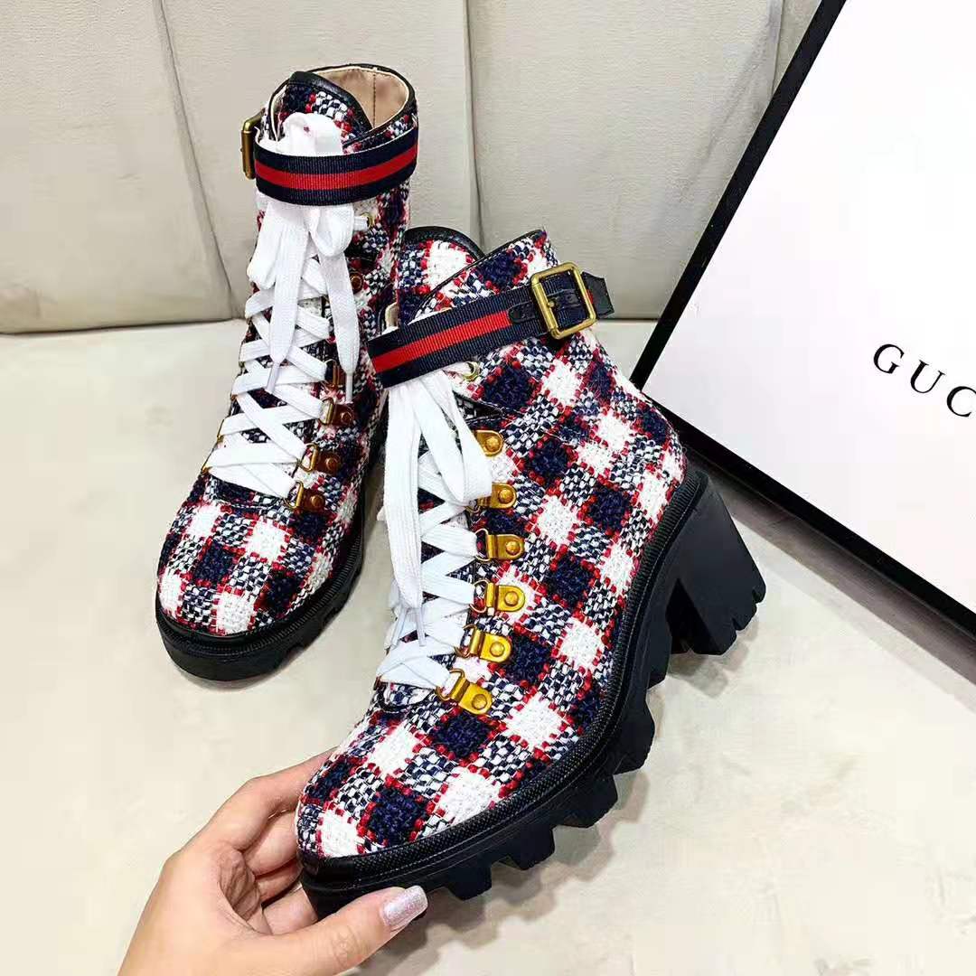 G*u*i women G*u*i zumi gg check tweed ankle boot in blue white and red